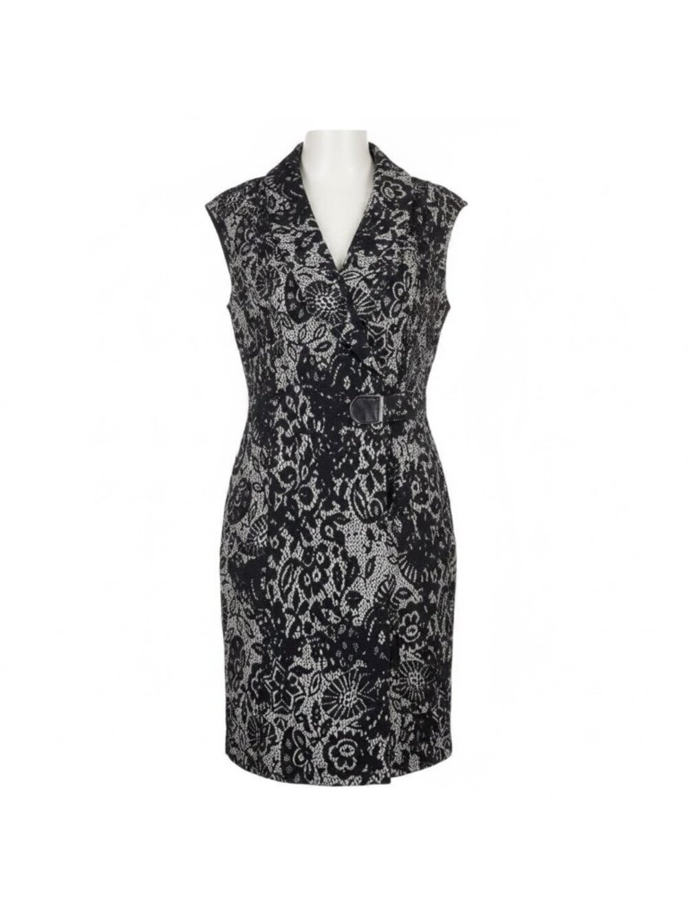 Calvin Klein Womens Black White Sleeveless Floral Lace Belted Sheat Dress Size 6